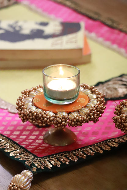 Embroided Banarasi Table  runner - Hot pink and Yellow