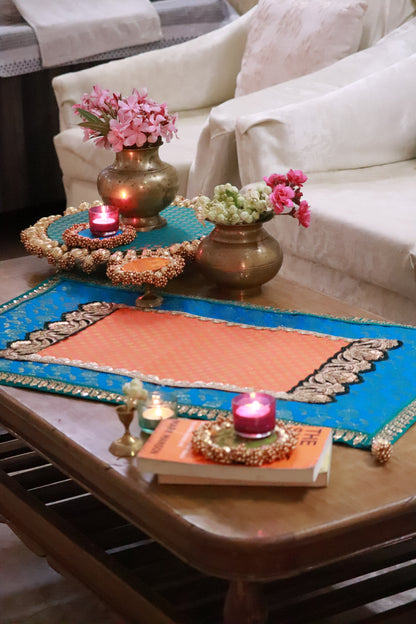 Embroided Banarasi Table  runner - Teal and orange