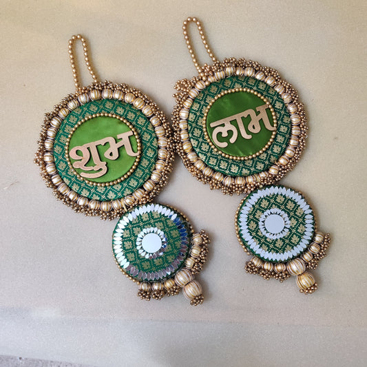 Mirrorwork long Shubh labh hanging Pair - Green / Pair /Reversible / one side mirror