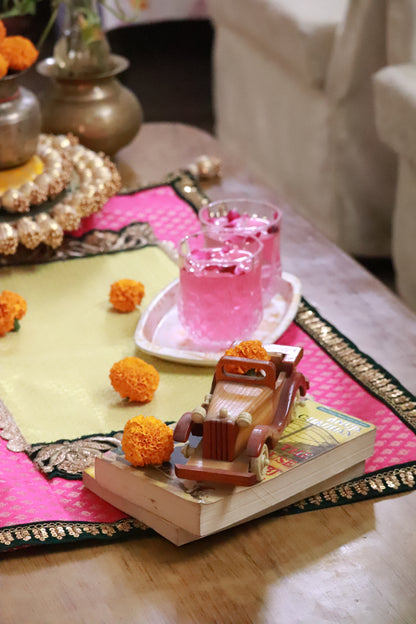 Embroided Banarasi Table  runner - Hot pink and Yellow