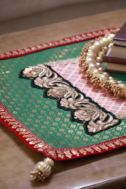 Embroided Banarasi Table  runner - Green and pink