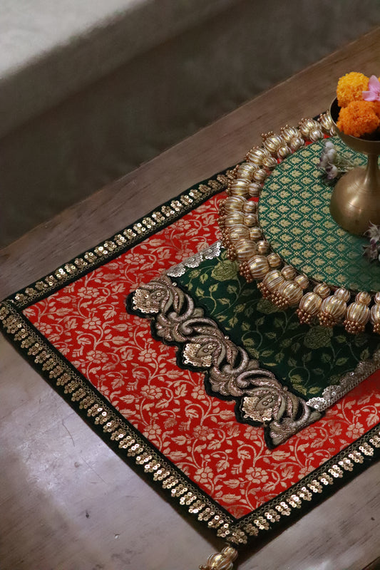 Embroided Banarasi Table  runner - Red and green