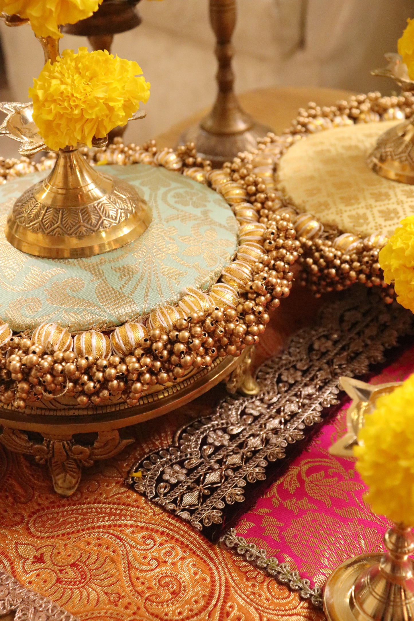 Embroided Banarasi Table  runner - Pink  and yellow
