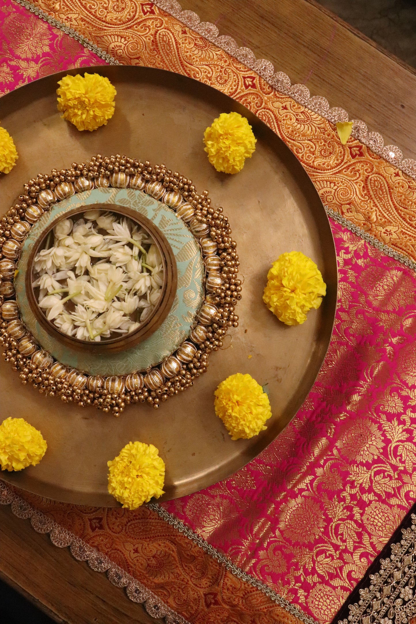 Embroided Banarasi Table  runner - Pink  and yellow