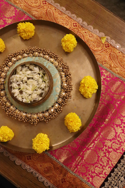 Embroided Banarasi Table  runner - Pink  and yellow