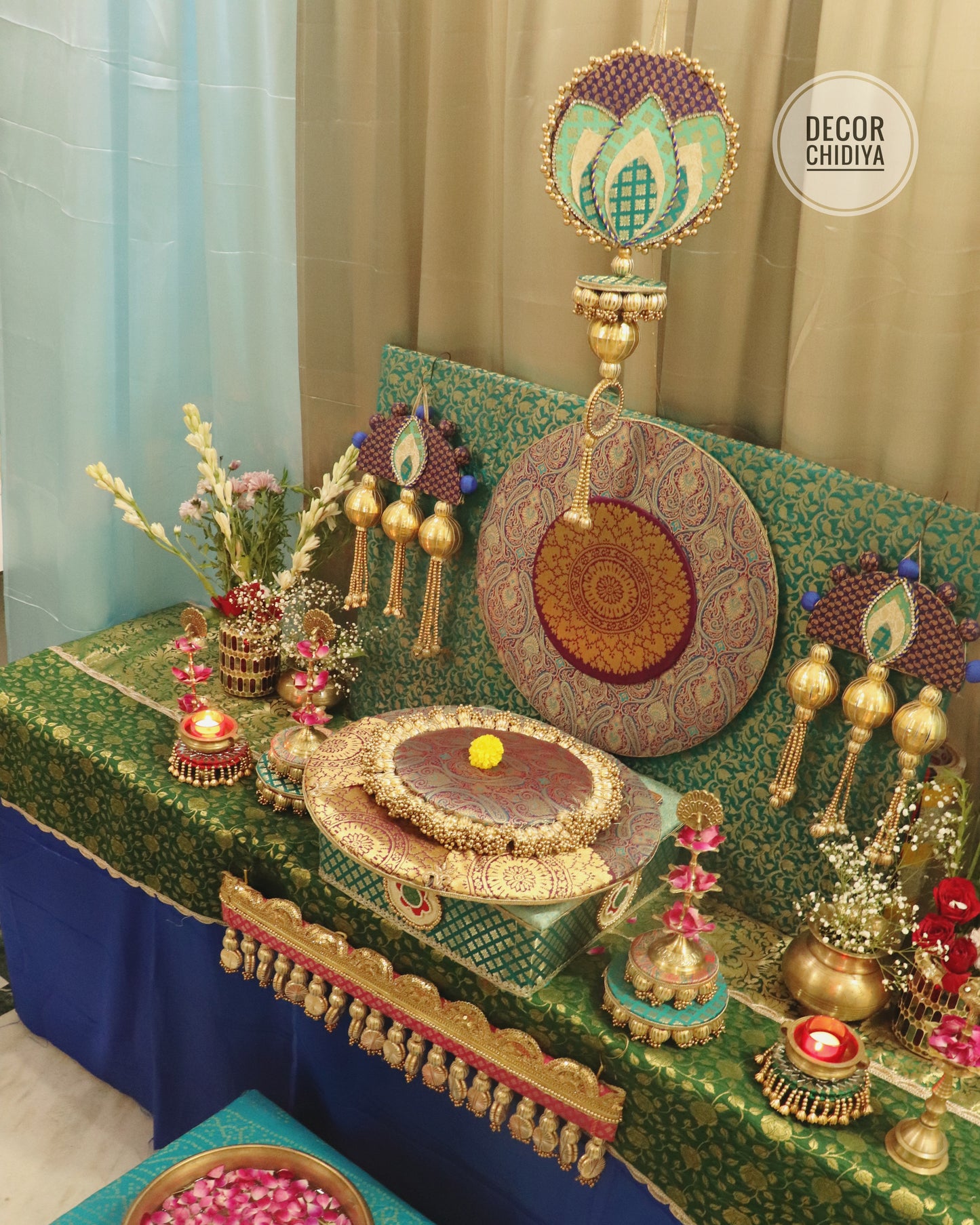 Peacock Theme Pooja Decor Set | Ganpati, Janmashtami & Festive Mandir Decoration at Home