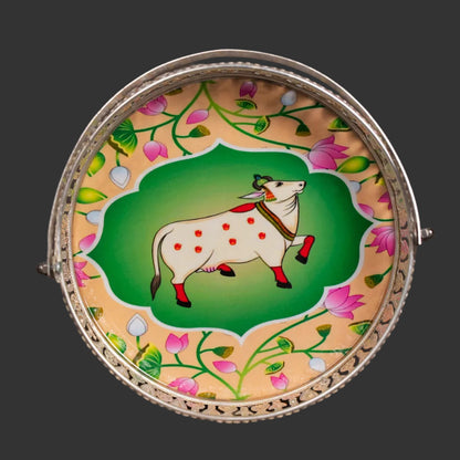 Pichwai Cow & Lotus Tray – 6 & 8 Inch - Beige and Green