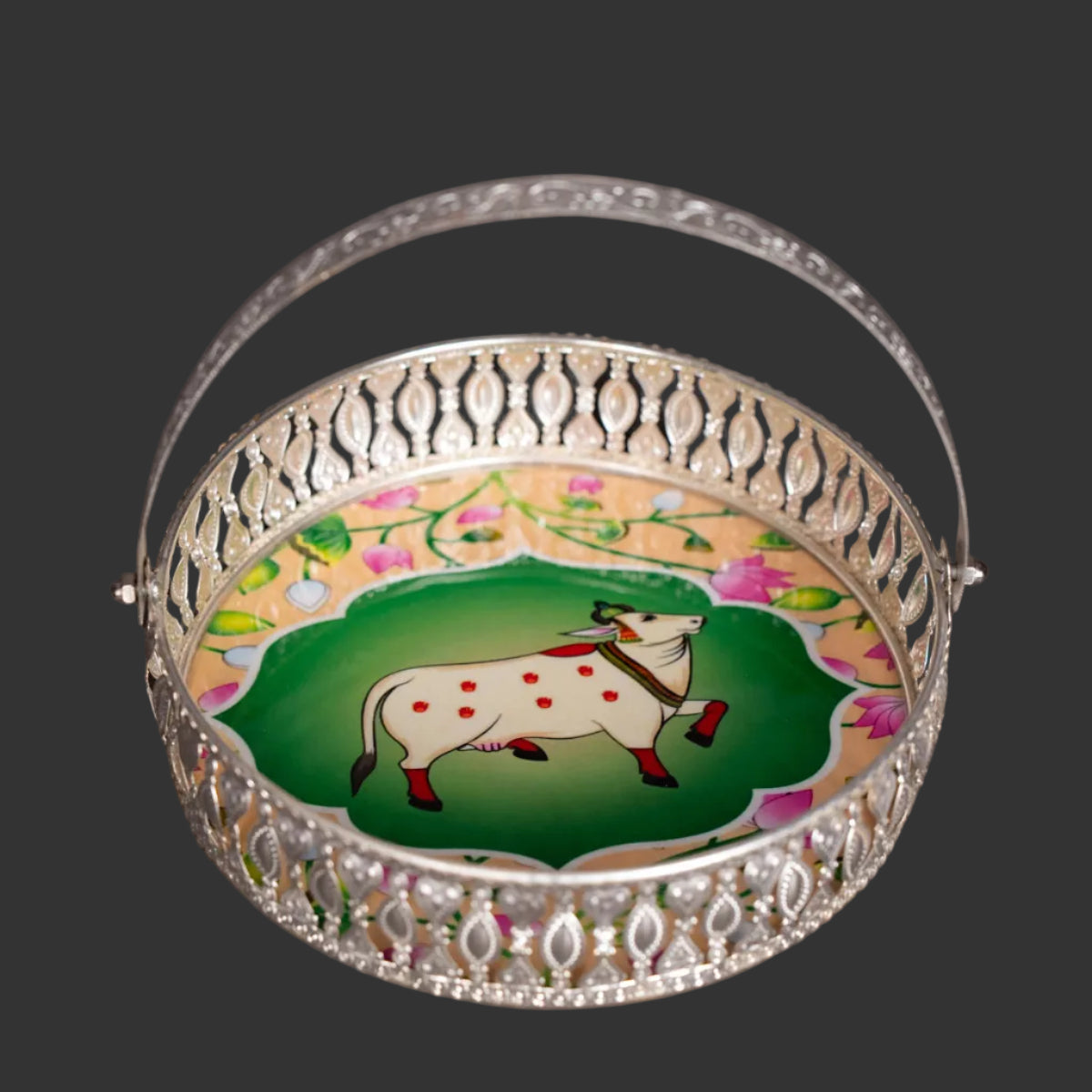 Pichwai Cow & Lotus Tray – 6 & 8 Inch - Beige and Green