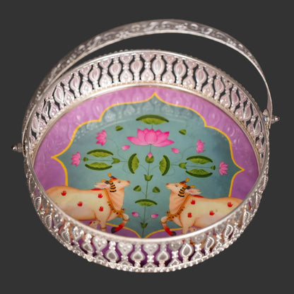 Pichwai Cow & Lotus Tray – 6 & 8 Inch - Lavender and Green