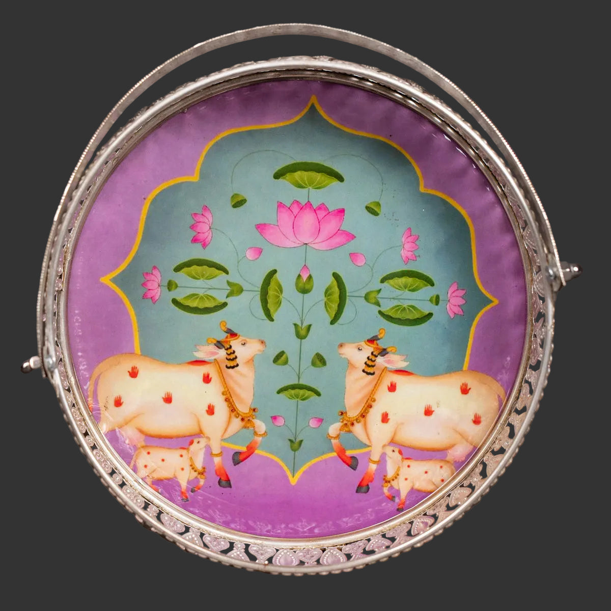 Pichwai Cow & Lotus Tray – 6 & 8 Inch - Lavender and Green