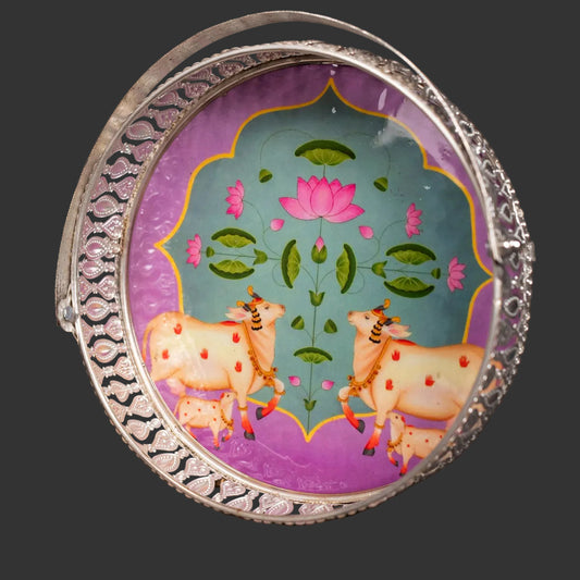Pichwai Cow & Lotus Tray – 6 & 8 Inch - Lavender and Green