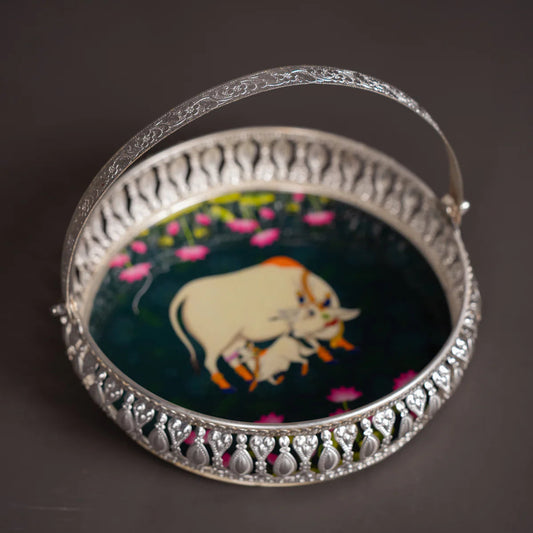 Pichwai Cow & Lotus Tray – 6 & 8 Inch - Teal