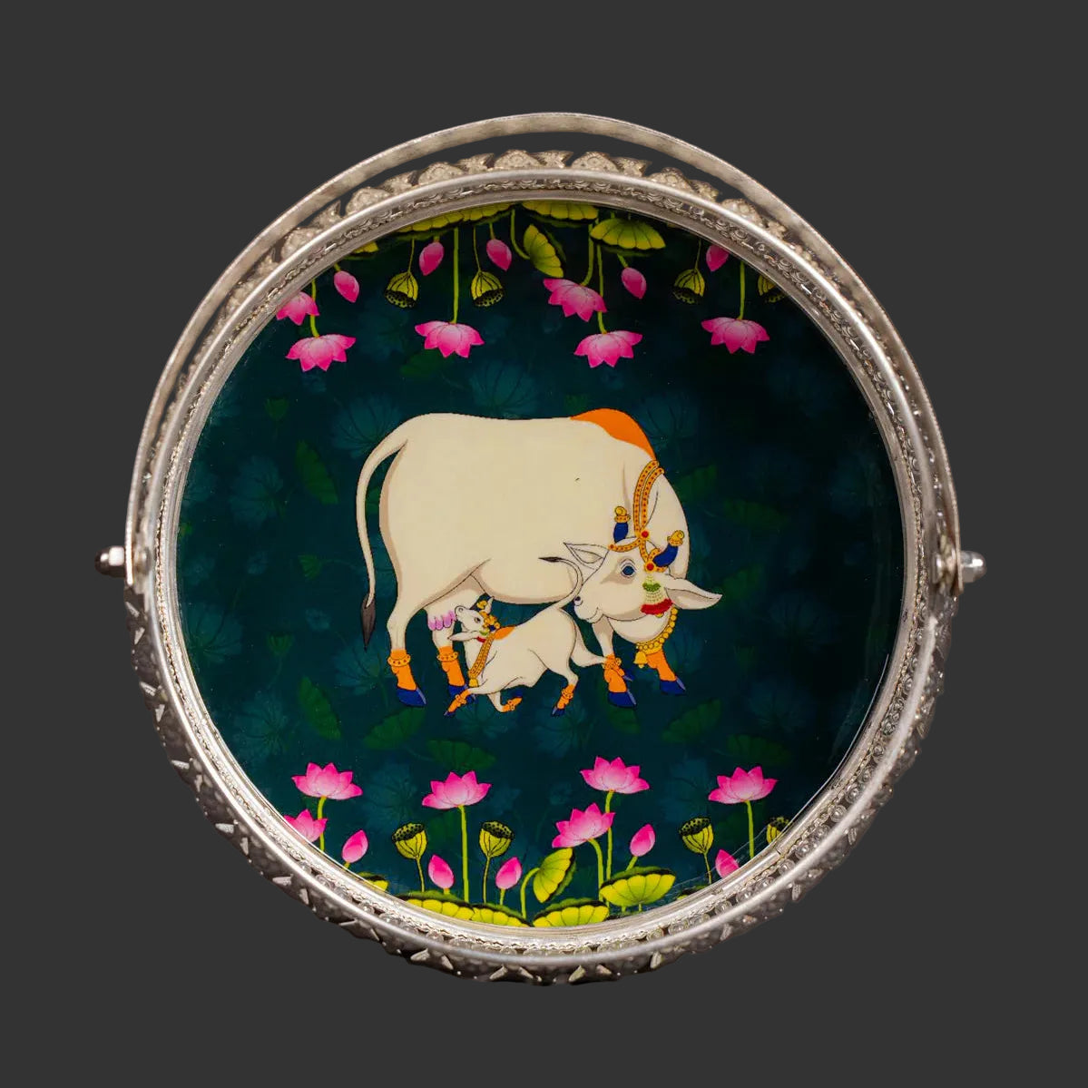 Pichwai Cow & Lotus Tray – 6 & 8 Inch - Teal