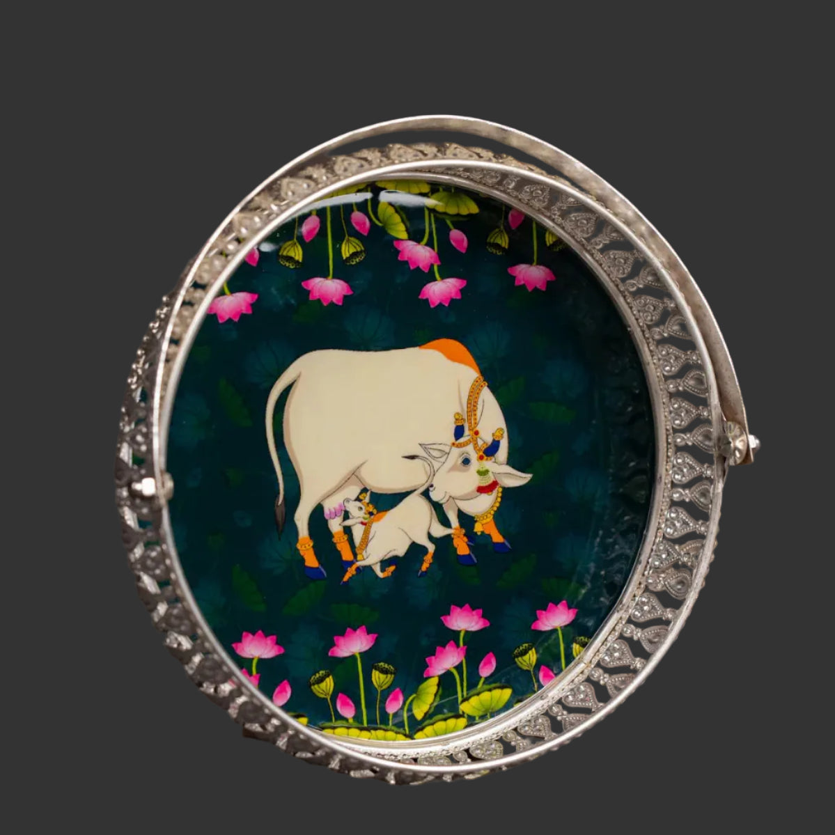 Pichwai Cow & Lotus Tray – 6 & 8 Inch - Teal