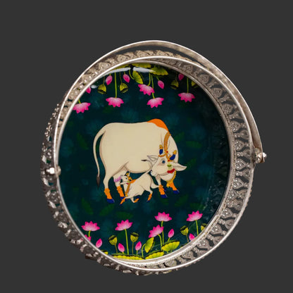 Pichwai Cow & Lotus Tray – 6 & 8 Inch - Teal