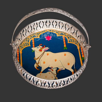 Pichwai Cow & Lotus Tray – 6 & 8 Inch - Blue