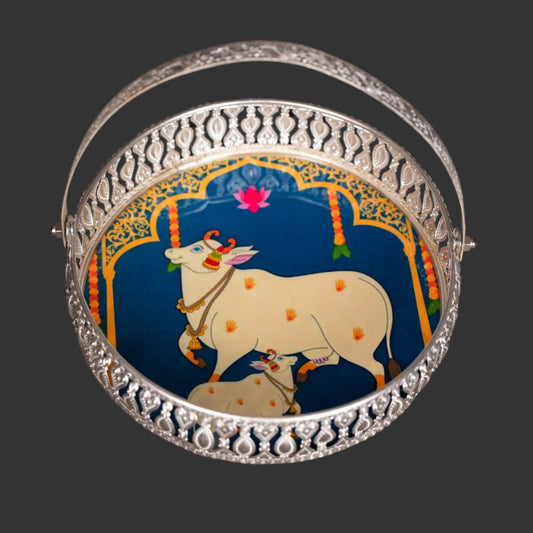 Pichwai Cow & Lotus Tray – 6 & 8 Inch - Blue