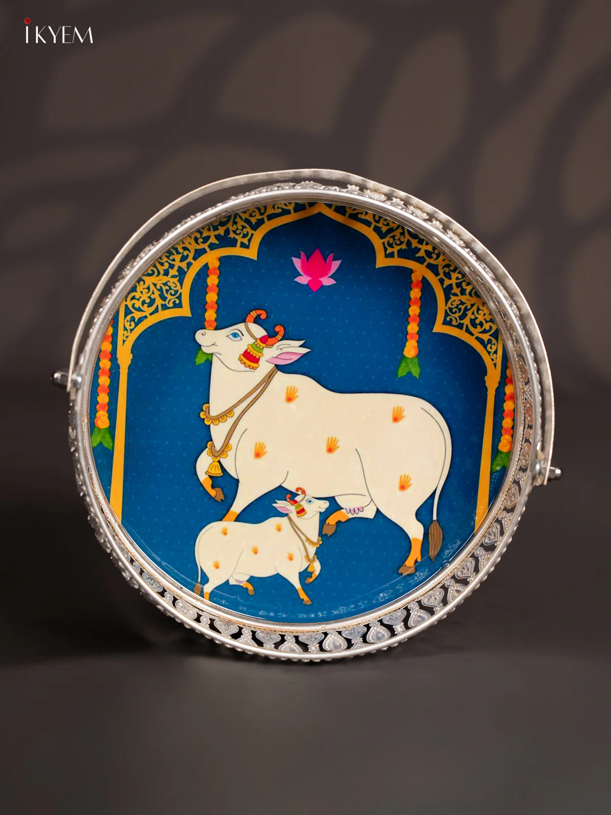 Pichwai Cow & Lotus Tray – 6 & 8 Inch - Blue