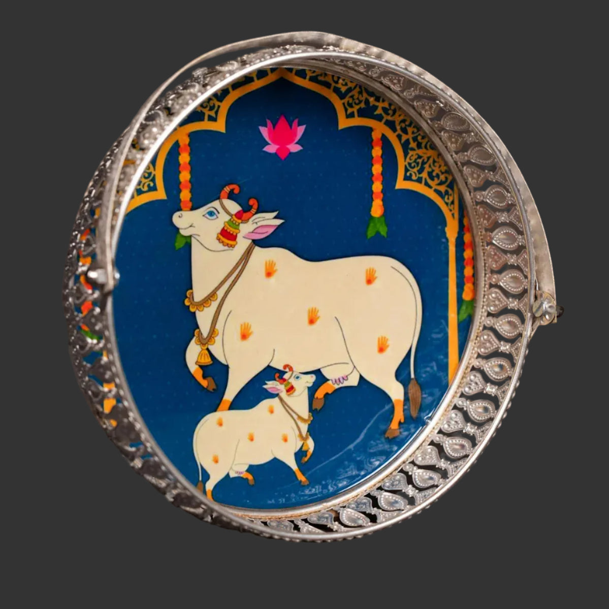 Pichwai Cow & Lotus Tray – 6 & 8 Inch - Blue
