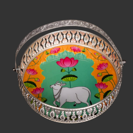 Pichwai Cow & Lotus Tray – 6 & 8 Inch - Green and Yellow