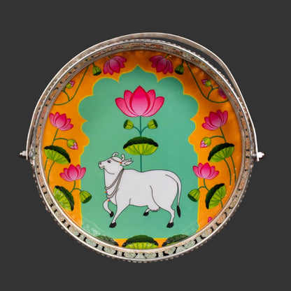Pichwai Cow & Lotus Tray – 6 & 8 Inch - Green and Yellow