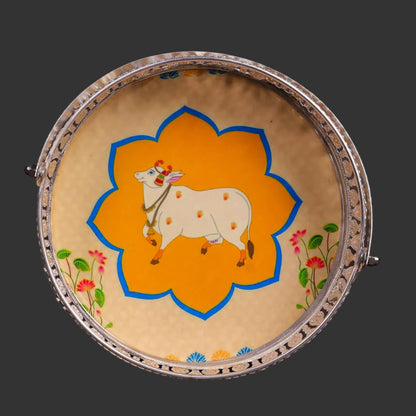 Pichwai Cow & Lotus Tray – 6 & 8 Inch - Beige and Yellow