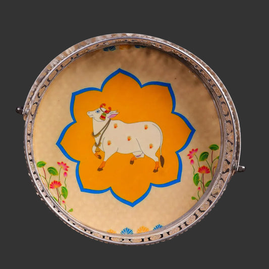 Pichwai Cow & Lotus Tray – 6 & 8 Inch - Beige and Yellow