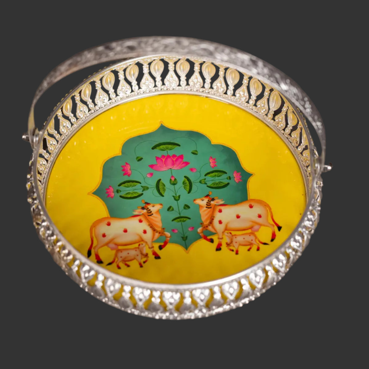 Pichwai Cow & Lotus Tray – 6 & 8 Inch - Green and Yellow