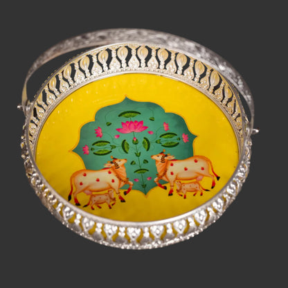 Pichwai Cow & Lotus Tray – 6 & 8 Inch - Green and Yellow