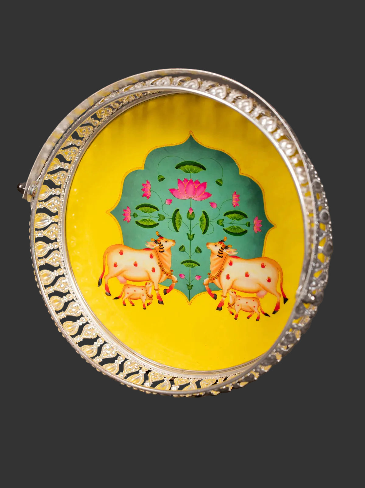 Pichwai Cow & Lotus Tray – 6 & 8 Inch - Green and Yellow