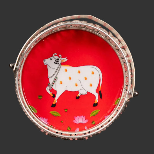Pichwai Cow & Lotus Tray – 6 & 8 Inch - Red
