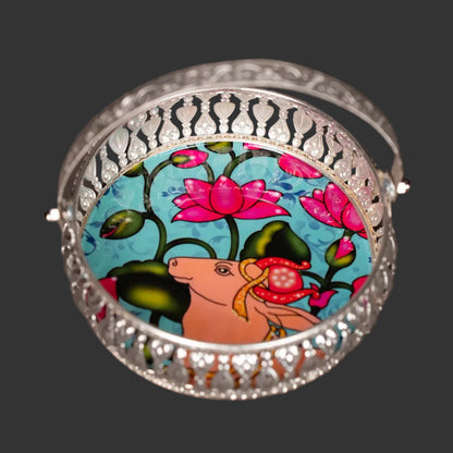 Pichwai Cow & Lotus Tray – 6 & 8 Inch - Blue and Pink