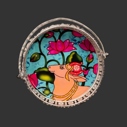 Pichwai Cow & Lotus Tray – 6 & 8 Inch - Blue and Pink