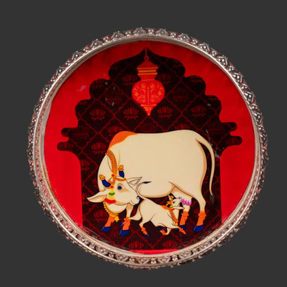 Pichwai Cow & Lotus Tray – 6 & 8 Inch - Red and Purple