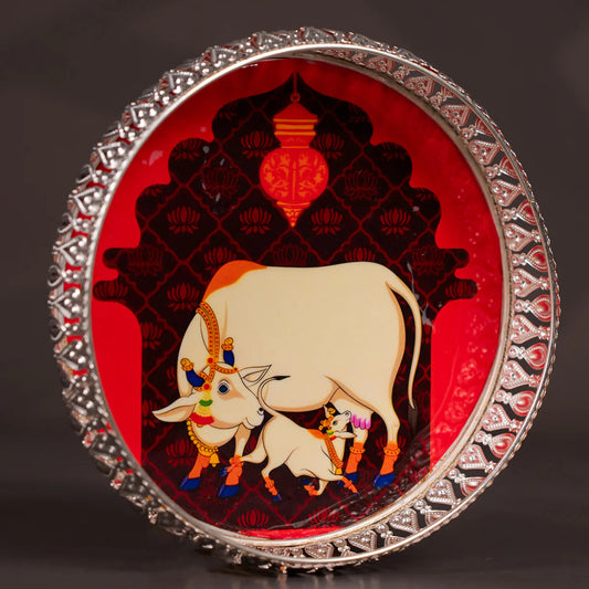 Pichwai Cow & Lotus Tray – 6 & 8 Inch - Red and Purple