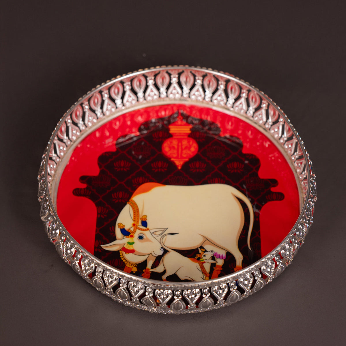 Pichwai Cow & Lotus Tray – 6 & 8 Inch - Red and Purple