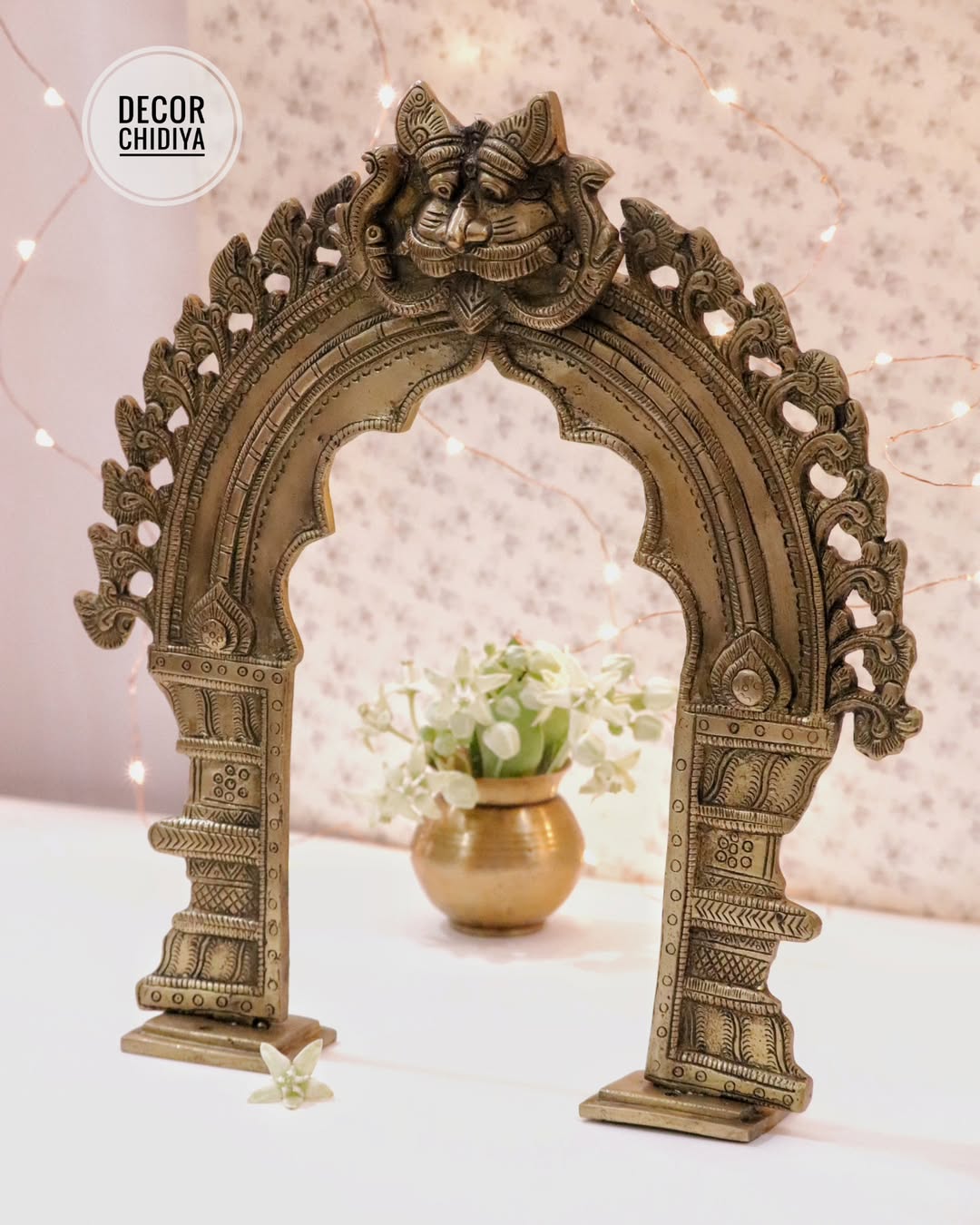 Traditional Brass Pooja Decor Set (11 Pieces) with Kirtimukh Prabhavalli & Gauri Mukh