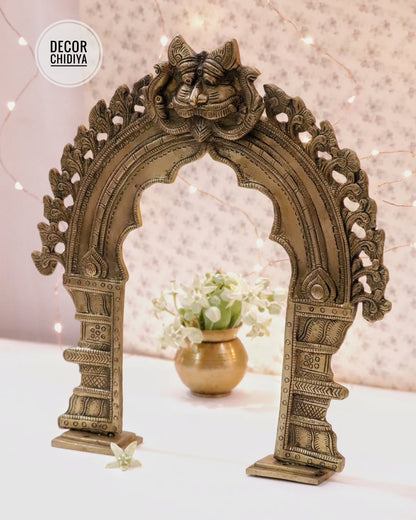 Traditional Brass Pooja Decor Set (11 Pieces) with Kirtimukh Prabhavalli & Gauri Mukh