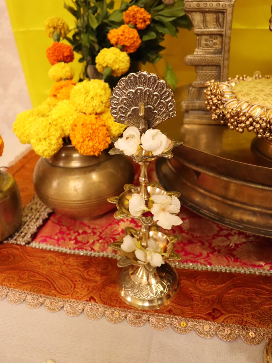 Traditional Brass Pooja Decor Set (11 Pieces) with Kirtimukh Prabhavalli & Gauri Mukh
