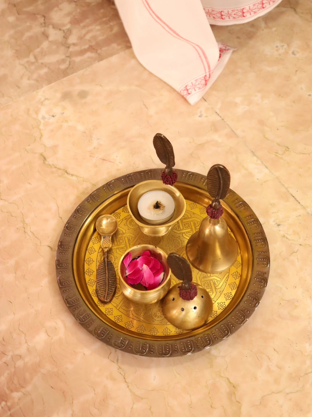 Traditional Brass Pooja Decor Set (11 Pieces) with Kirtimukh Prabhavalli & Gauri Mukh
