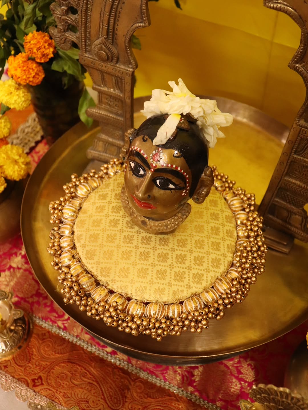 Traditional Brass Pooja Decor Set (11 Pieces) with Kirtimukh Prabhavalli & Gauri Mukh