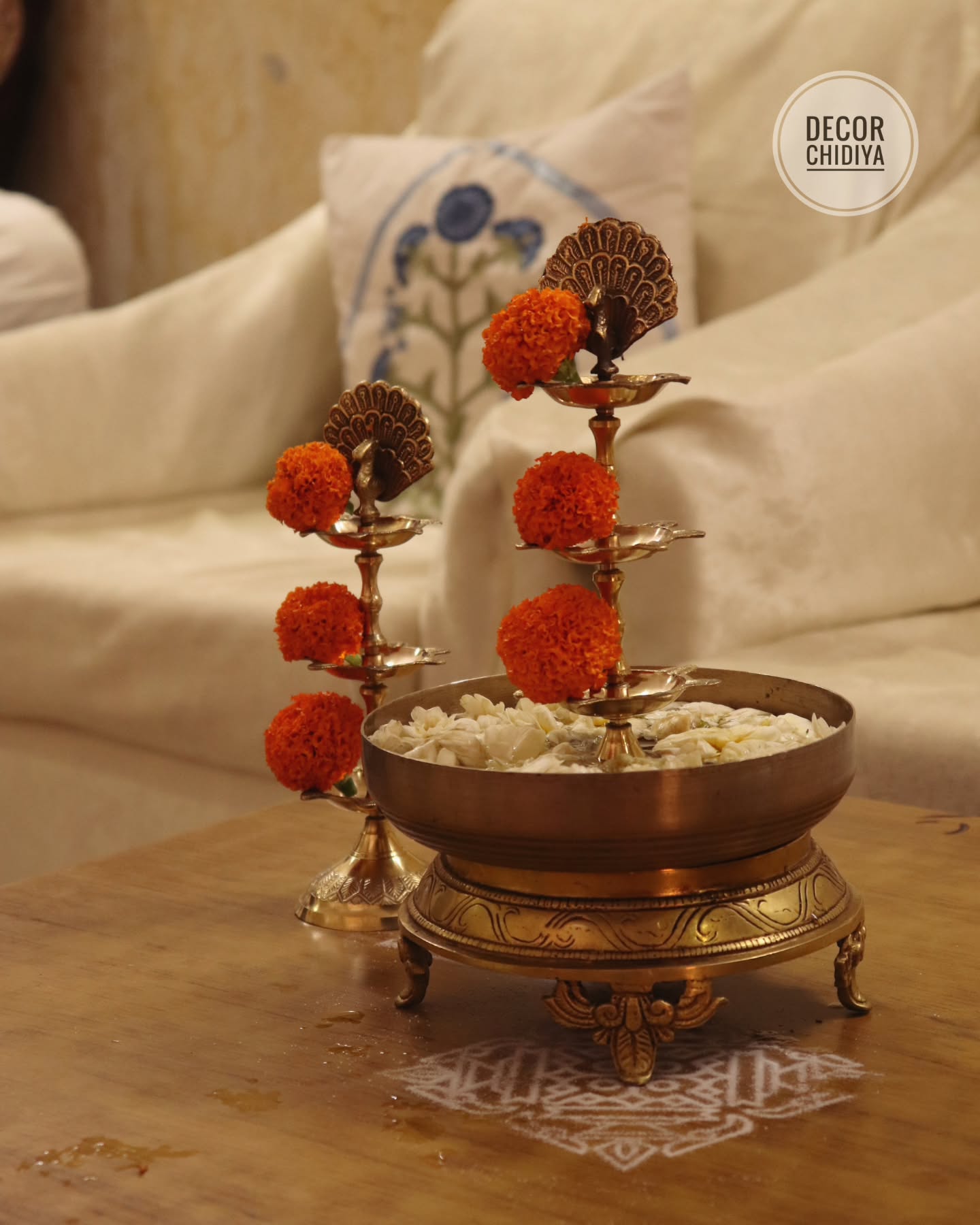 Brass Chowki | Peacock Brass Oil Lamps (Set of 2) | Plain Brass Urli Bowl set