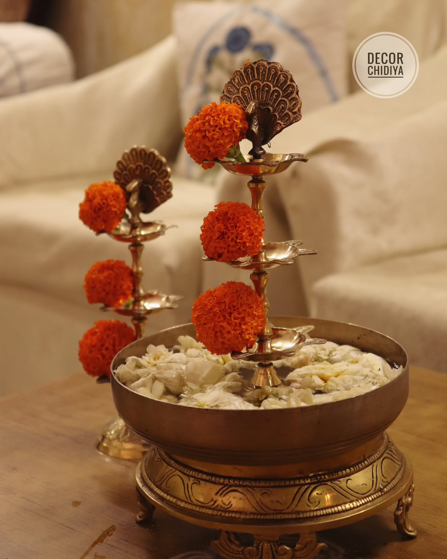 Brass Chowki | Peacock Brass Oil Lamps (Set of 2) | Plain Brass Urli Bowl set