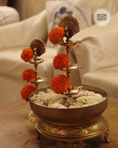 Brass Chowki | Peacock Brass Oil Lamps (Set of 2) | Plain Brass Urli Bowl set