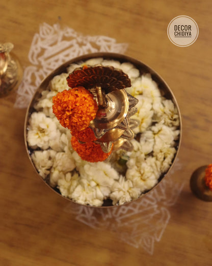 Brass Chowki | Peacock Brass Oil Lamps (Set of 2) | Plain Brass Urli Bowl set