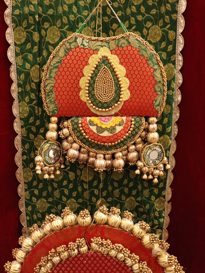 Shree Samriddhi Pooja Decor Set | Premium Red & Green Pooja Chowki Set with Banarasi Backdrop & Brass Accessories | Decor Chidiya