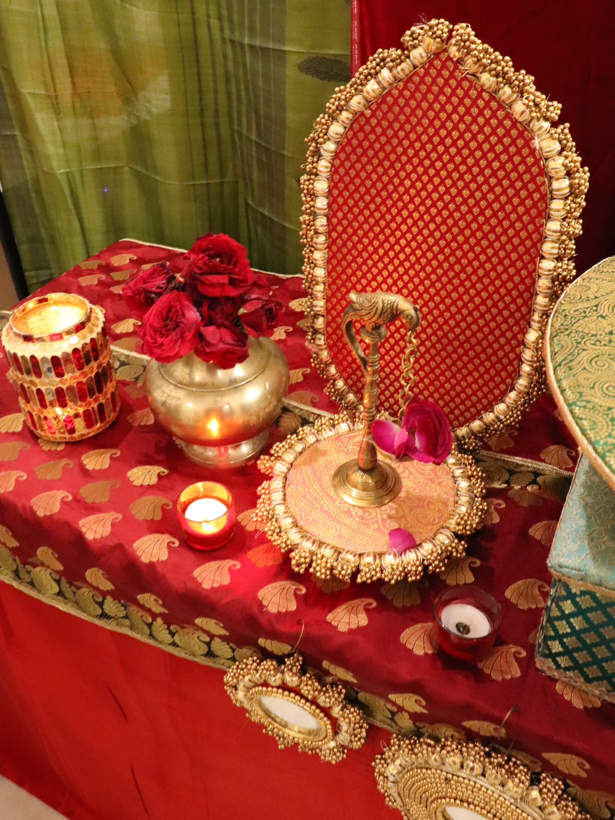 Shree Samriddhi Pooja Decor Set | Premium Red & Green Pooja Chowki Set with Banarasi Backdrop & Brass Accessories | Decor Chidiya