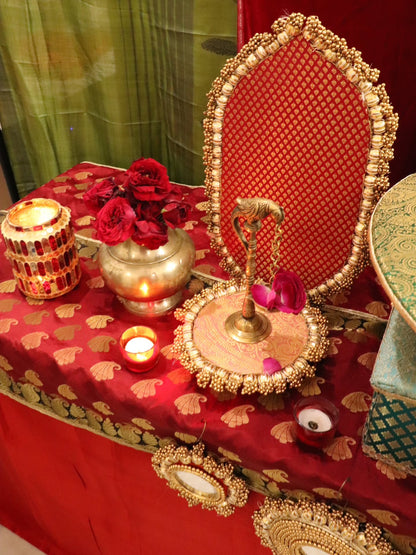 Shree Samriddhi Pooja Decor Set | Premium Red & Green Pooja Chowki Set with Banarasi Backdrop & Brass Accessories | Decor Chidiya