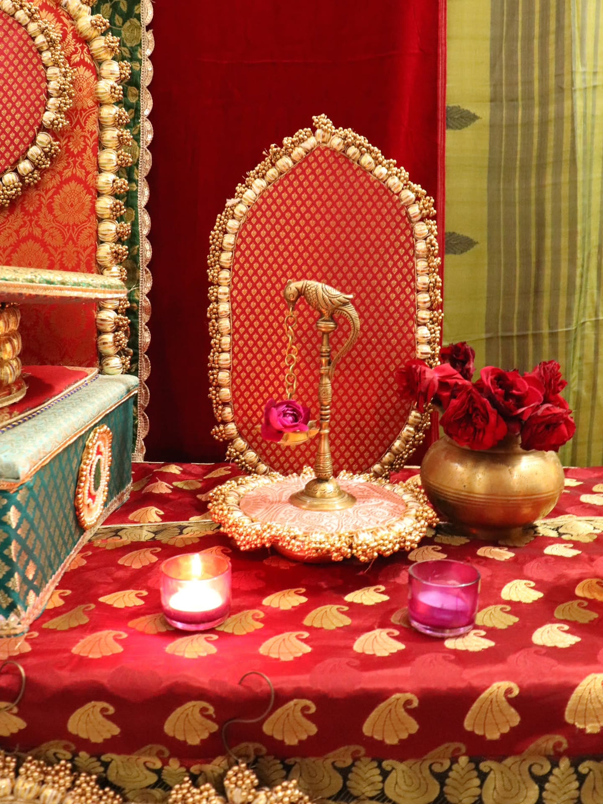 Shree Samriddhi Pooja Decor Set | Premium Red & Green Pooja Chowki Set with Banarasi Backdrop & Brass Accessories | Decor Chidiya