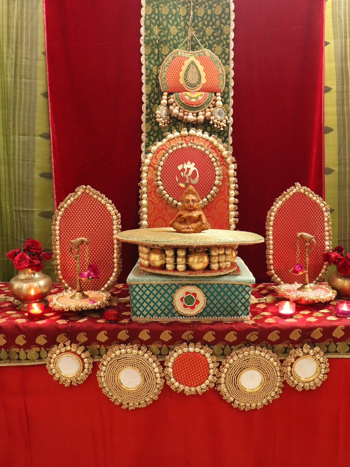 Shree Samriddhi Pooja Decor Set | Premium Red & Green Pooja Chowki Set with Banarasi Backdrop & Brass Accessories | Decor Chidiya